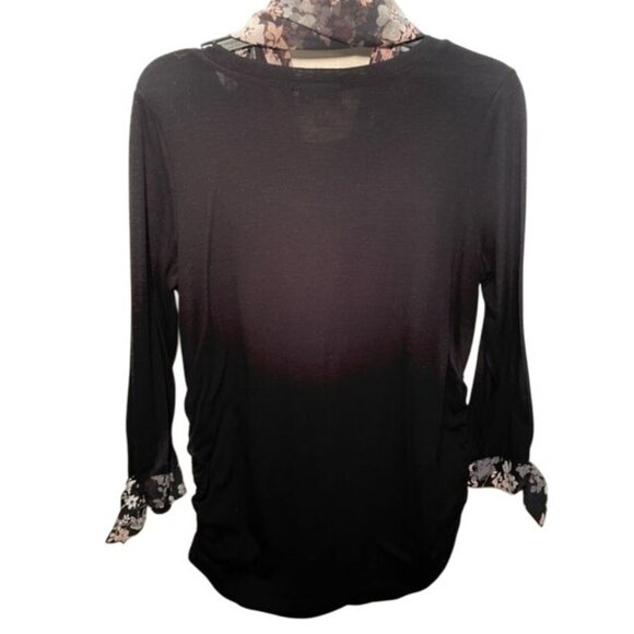 Blouse Medium Black Long Sleeve with Floral Cuffs & Separate Floral Scarf, ELLE - Picture 4 of 10
